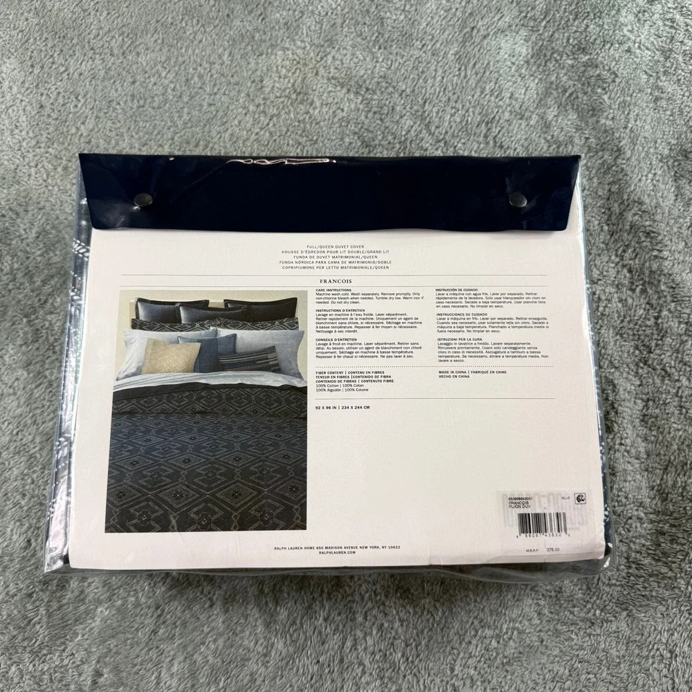 Ralph Lauren Francois Full Queen Duvet Cover‎ Blue Geometric Diamond Pattern